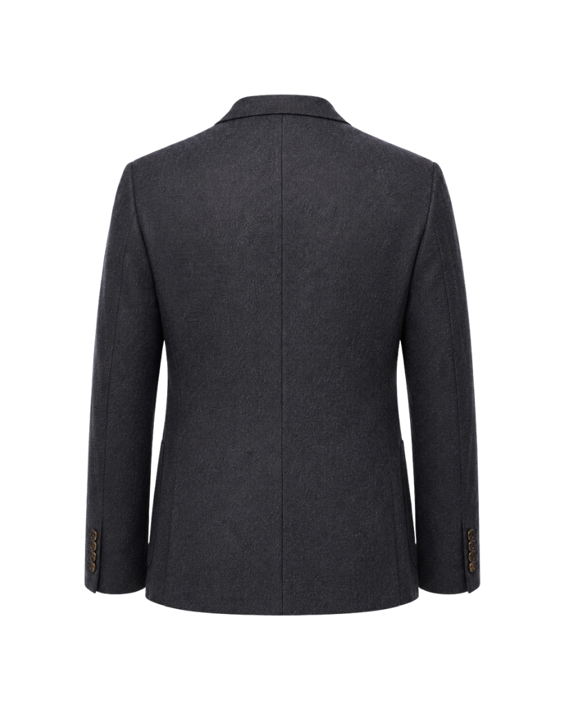 Back view of The Wide-Frame Wool Sport Coat in dark charcoal wool, showing the clean tailored back, soft shoulder, long sleeves, and structured hem.