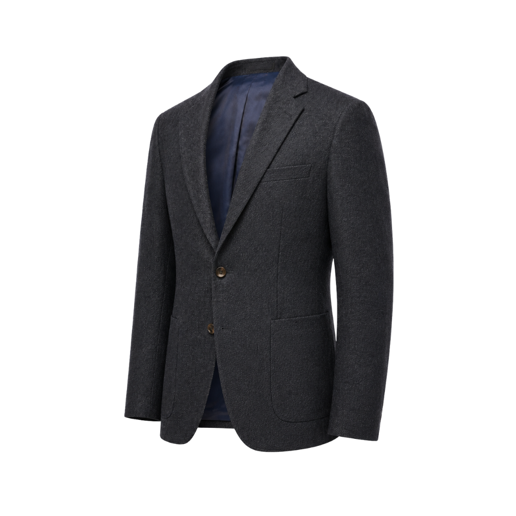 Three-quarter front view of The Wide-Frame Wool Sport Coat in dark charcoal wool with a relaxed wide-frame silhouette, notch lapel, two-button front, and patch pockets.