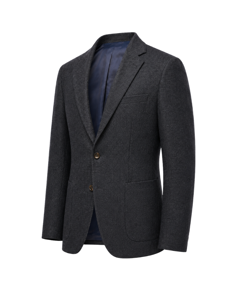 Three-quarter front view of The Wide-Frame Wool Sport Coat in dark charcoal wool with a relaxed wide-frame silhouette, notch lapel, two-button front, and patch pockets.