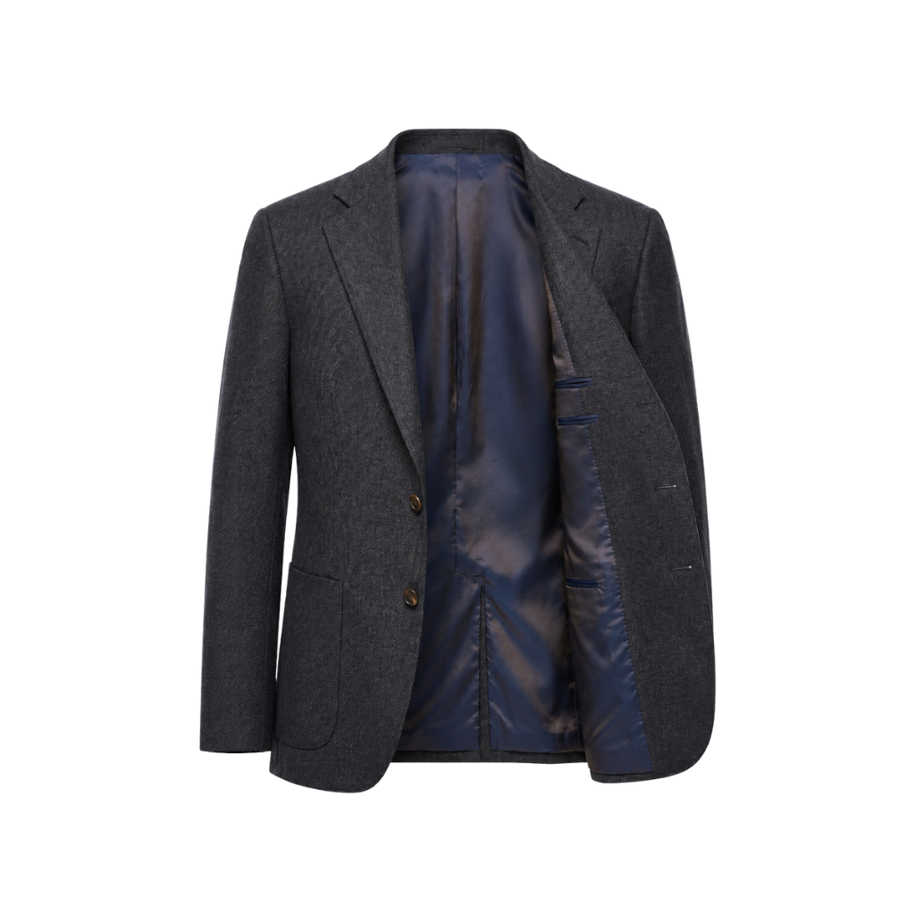 Open front view of The Wide-Frame Wool Sport Coat in dark charcoal wool, showing the navy lining, relaxed silhouette, notch lapel, and interior pocket details.