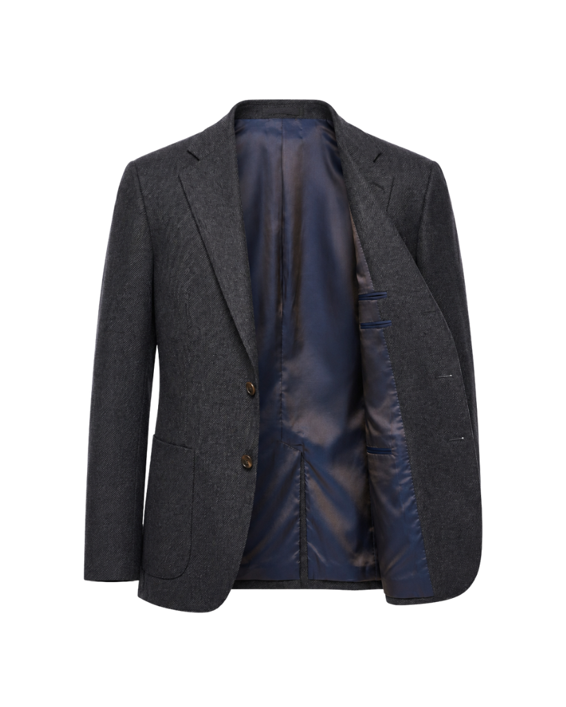 Open front view of The Wide-Frame Wool Sport Coat in dark charcoal wool, showing the navy lining, relaxed silhouette, notch lapel, and interior pocket details.