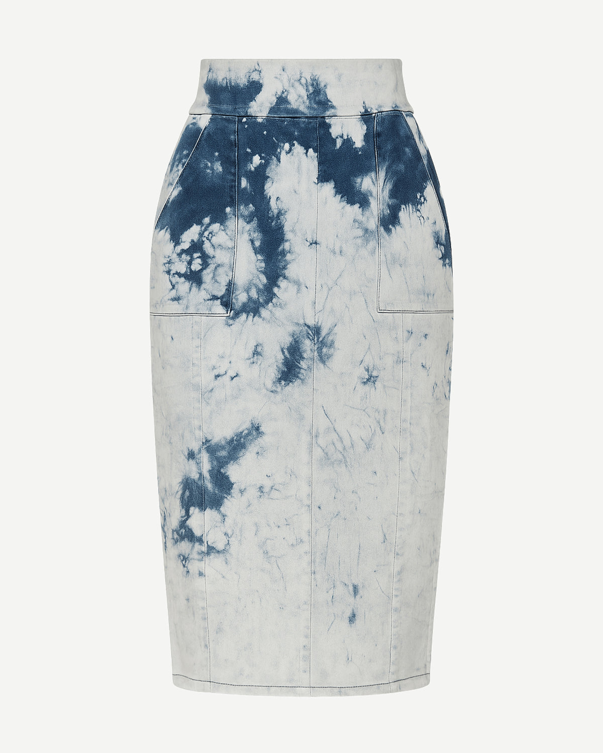 Tailory tie-dye denim pencil skirt front view with high waist and knee-length cut