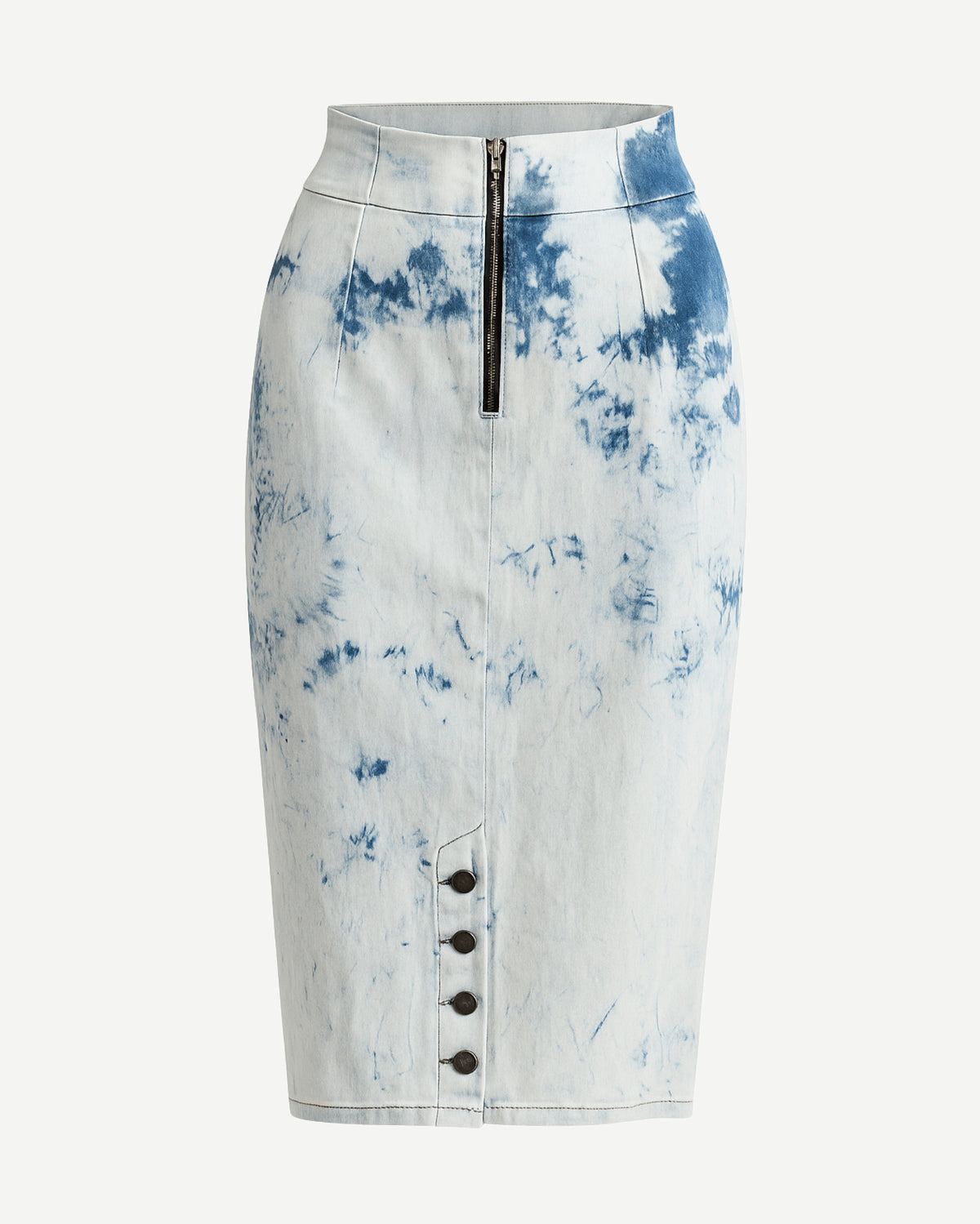 Tailory tie-dye denim pencil skirt back view with clean seam lines and washed finish