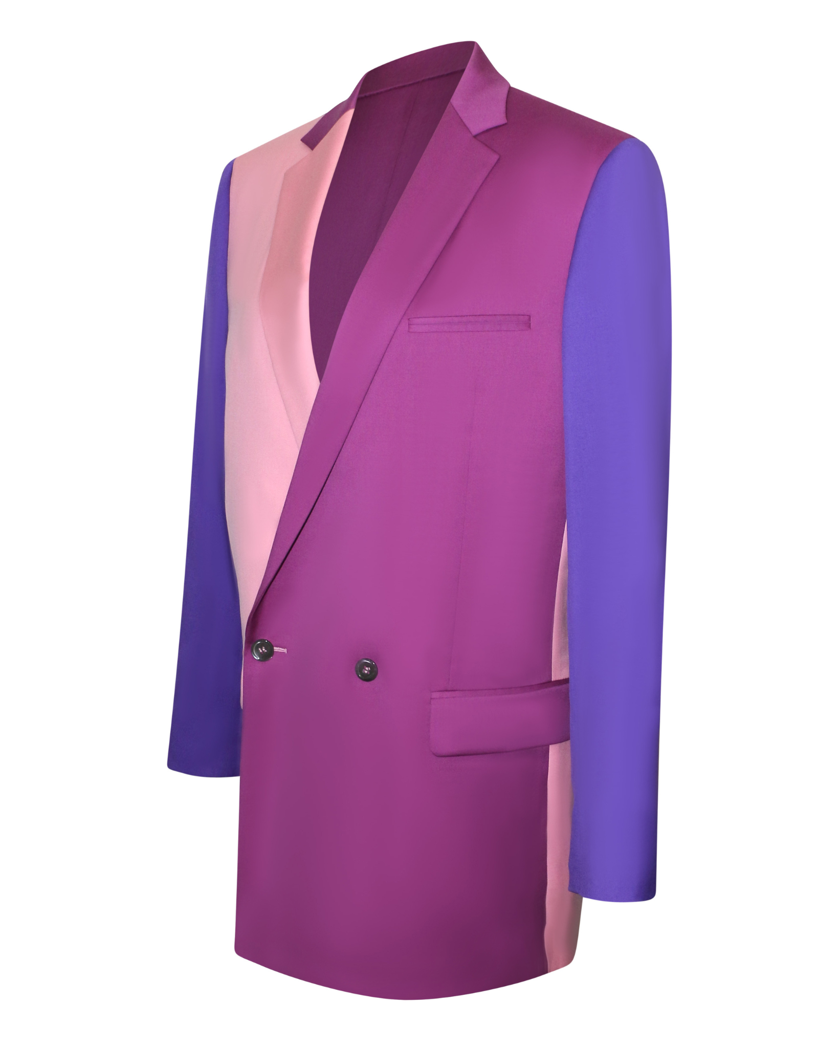 Pink Purple Color-Block Double-Breasted Blazer featuring bold panels of vibrant pink, rich purple, and soft blush with a tailored silhouette and classic peak lapel for statement gender-neutral suiting.