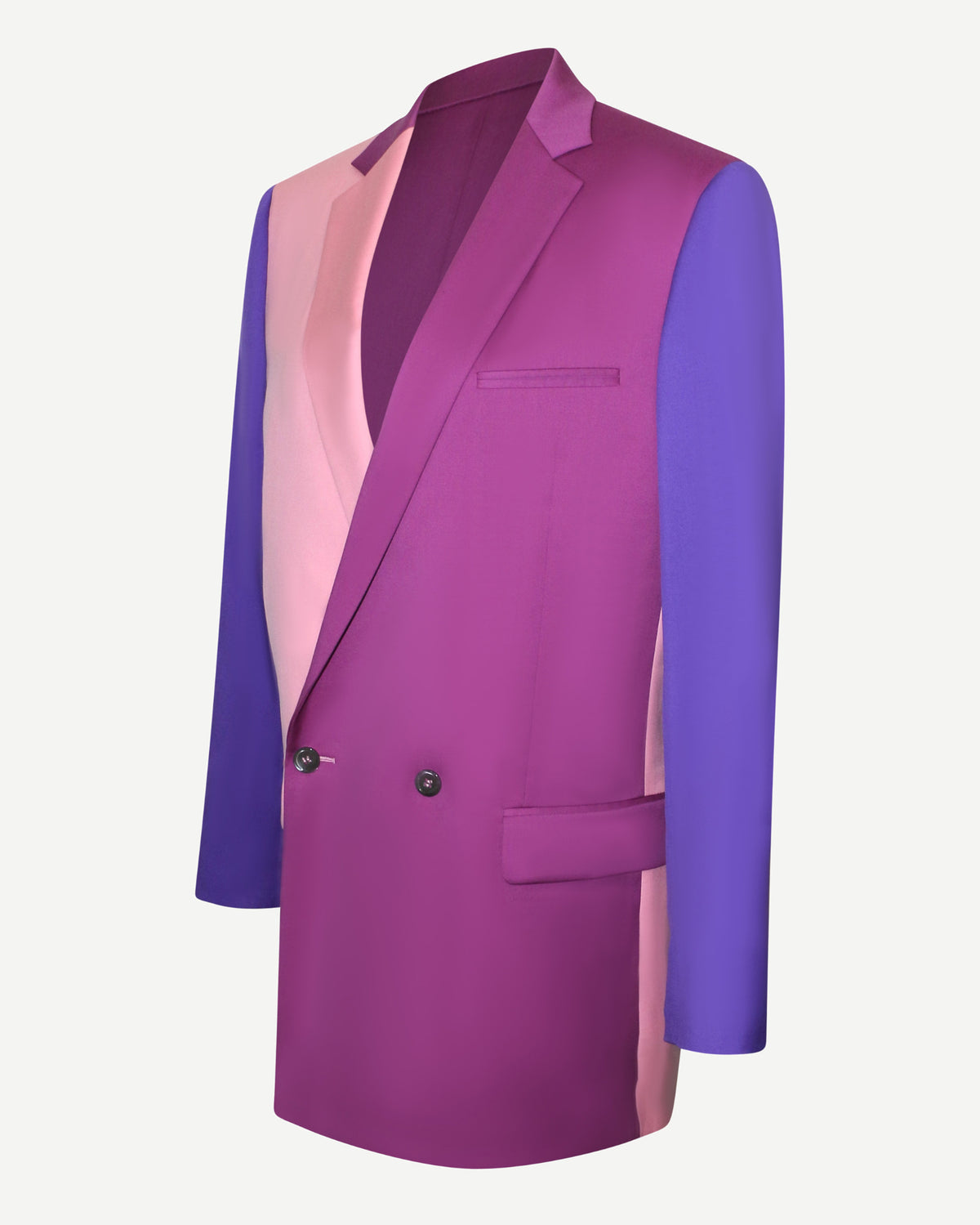Pink Purple Color-Block Double-Breasted Blazer featuring bold panels of vibrant pink, rich purple, and soft blush with a tailored silhouette and classic peak lapel for statement gender-neutral suiting.