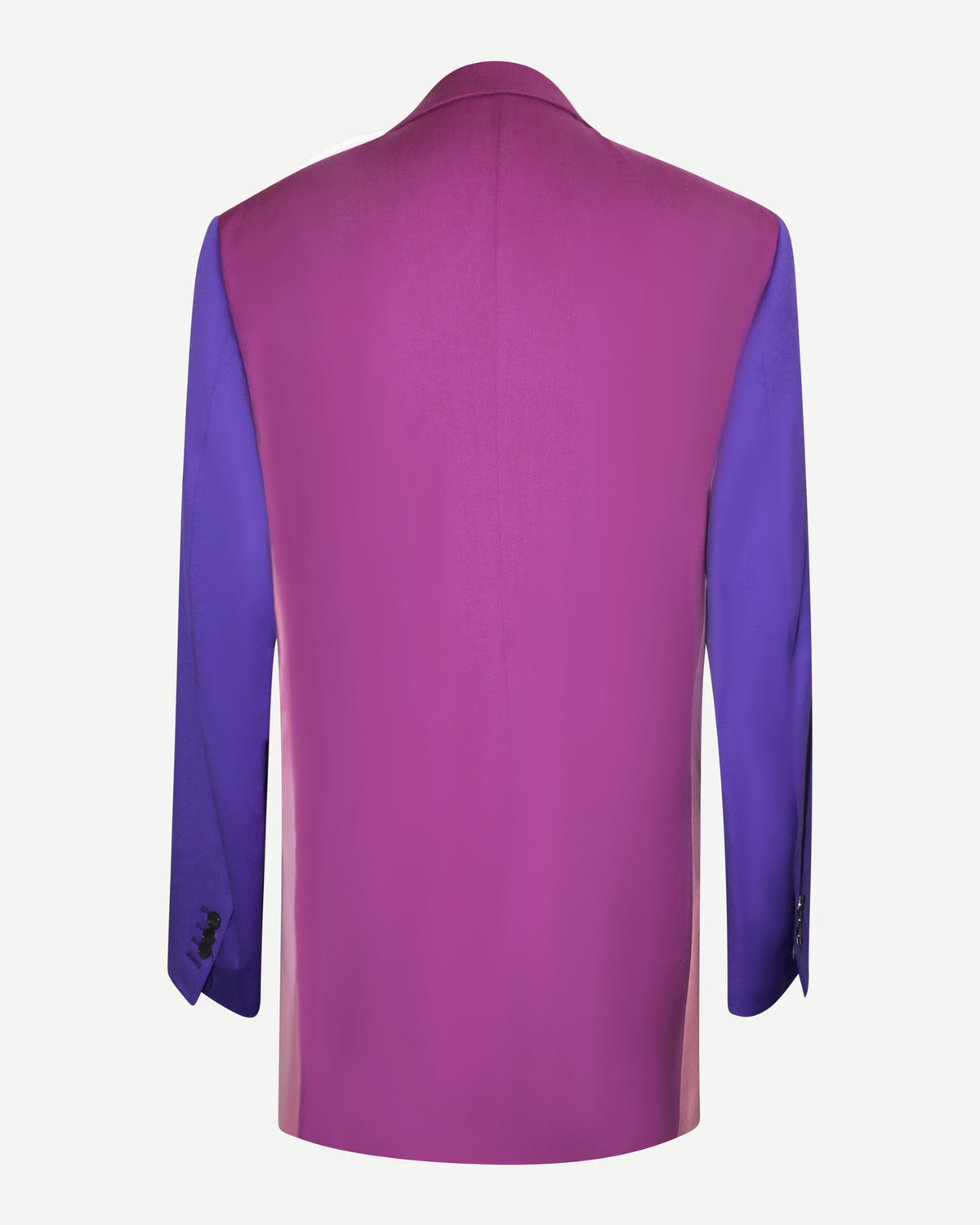 Pink Purple Color-Block Double-Breasted Blazer shown from the back, featuring a bold magenta back panel with vibrant purple sleeves and tailored lines for contemporary gender-neutral suiting.