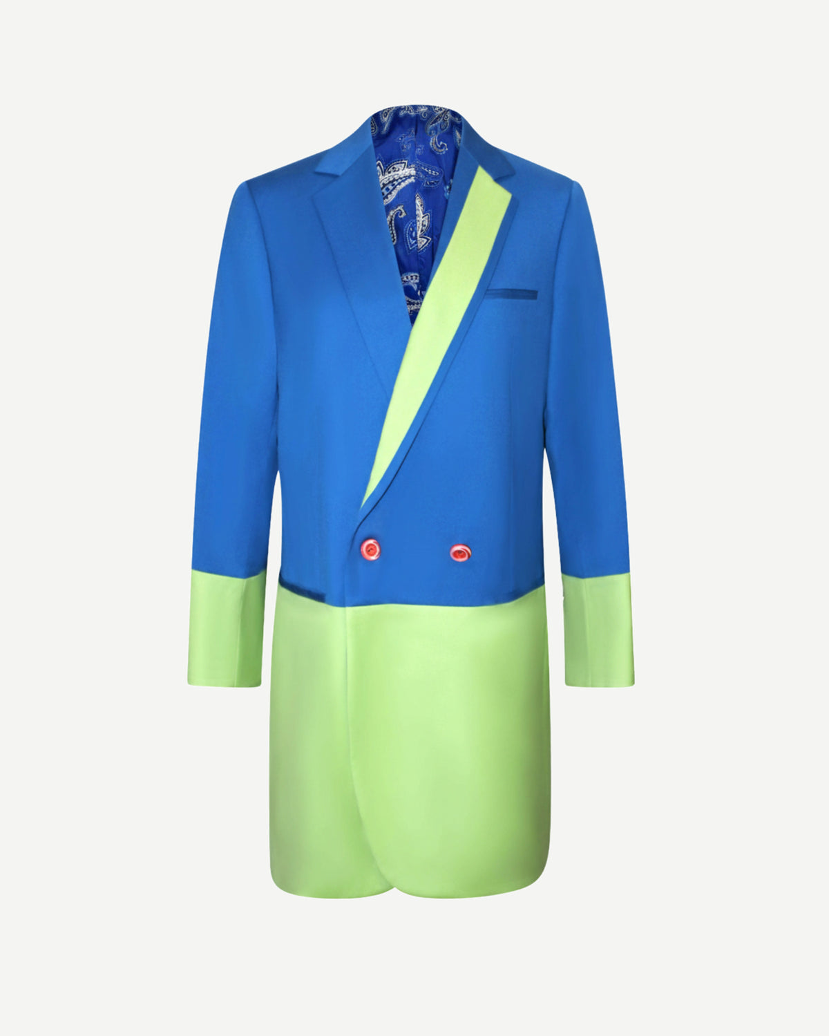 Two-Tone Wool Color Block Blazer featuring a bold blue and light green mix with double-breasted closure and contrast inner lining for a striking, modern tailored look.