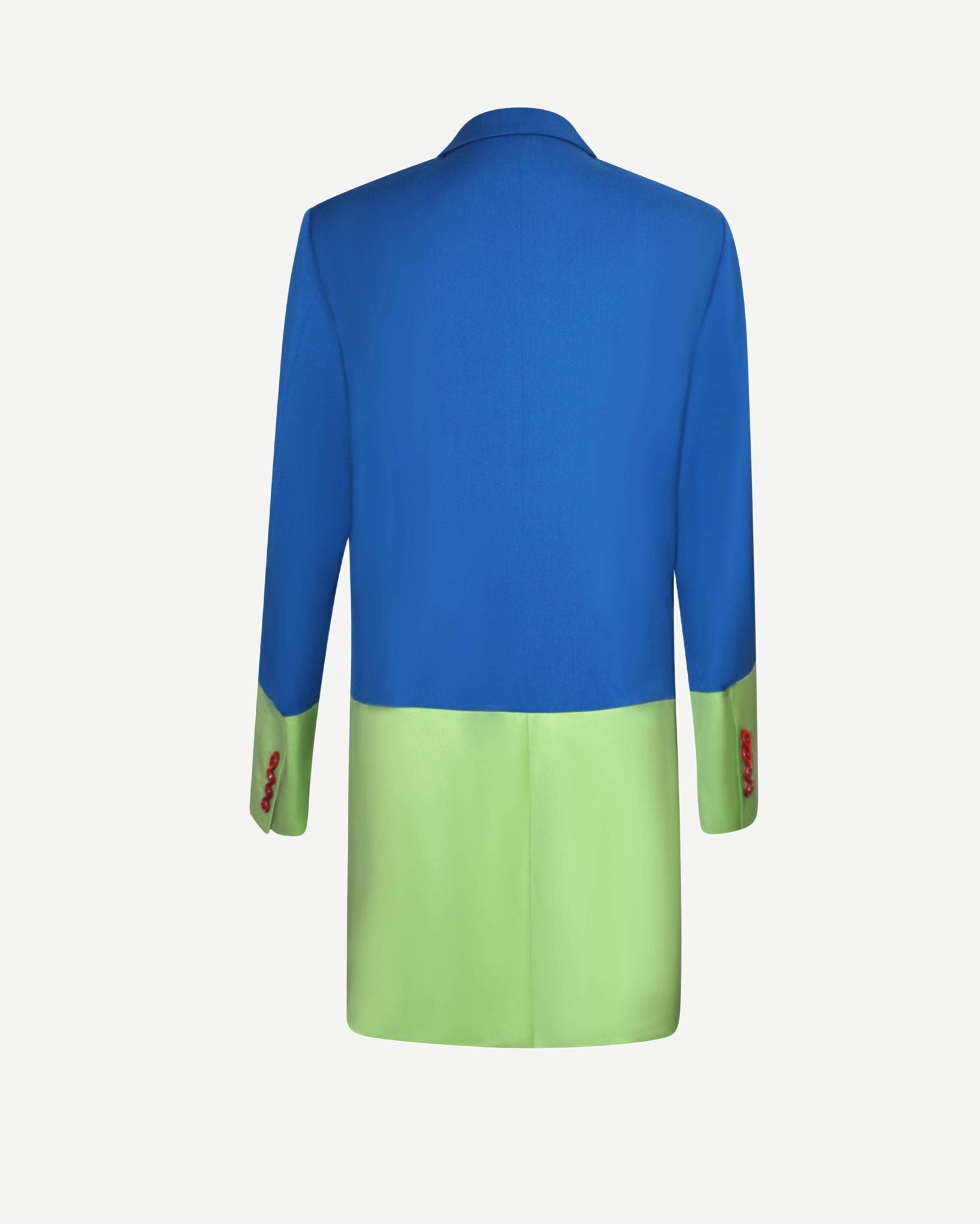 Two-Tone Wool Color Block Blazer shown from the back with a vibrant cobalt blue upper section and soft pastel green lower panel, featuring sleek tailored lines for a modern androgynous suiting look.