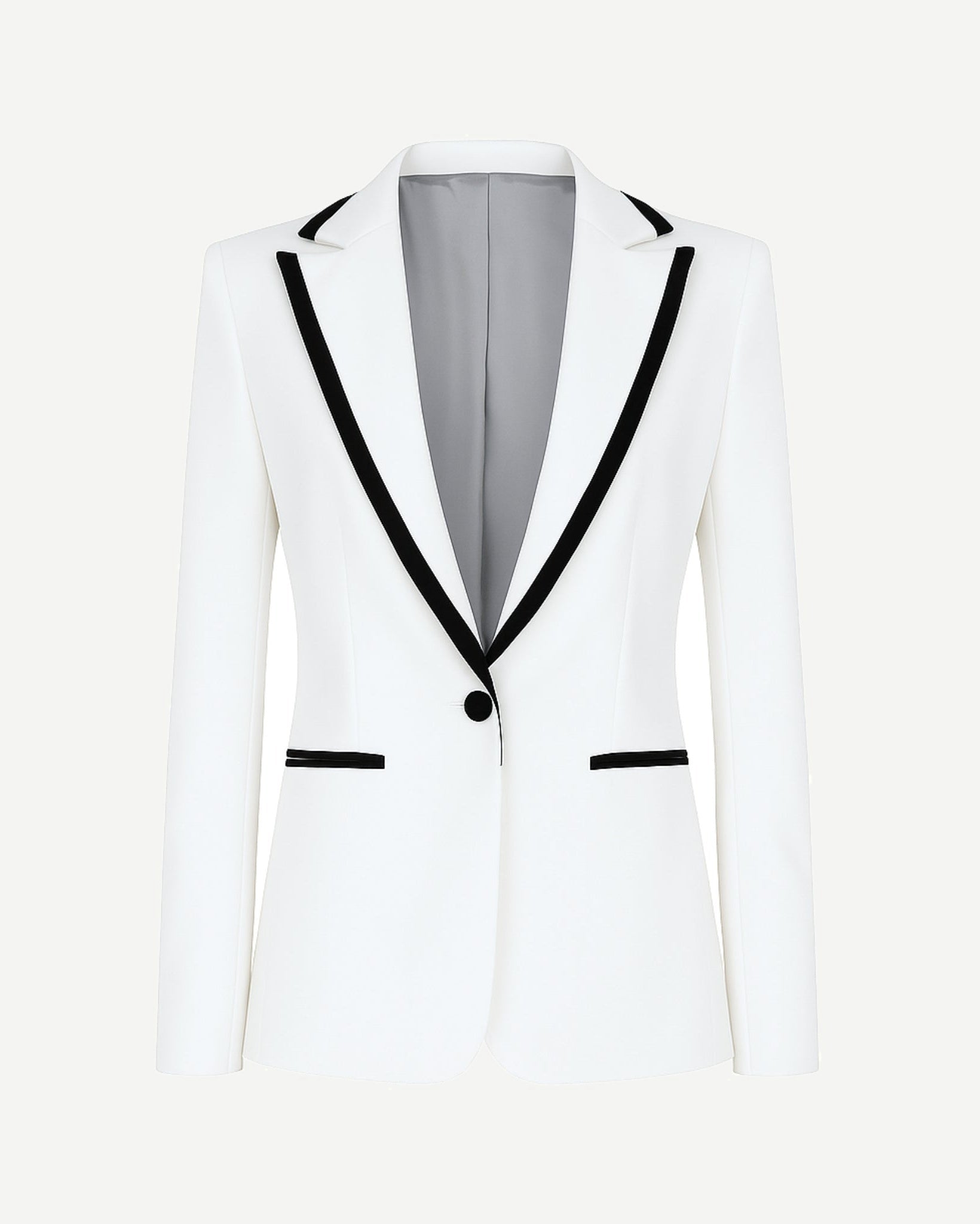 White Tuxedo Blazer with Contrast Piping featuring a slim tailored fit, black contrast piping along the notch lapels and pockets, single-button closure, and smooth grey interior lining for elegant formalwear.