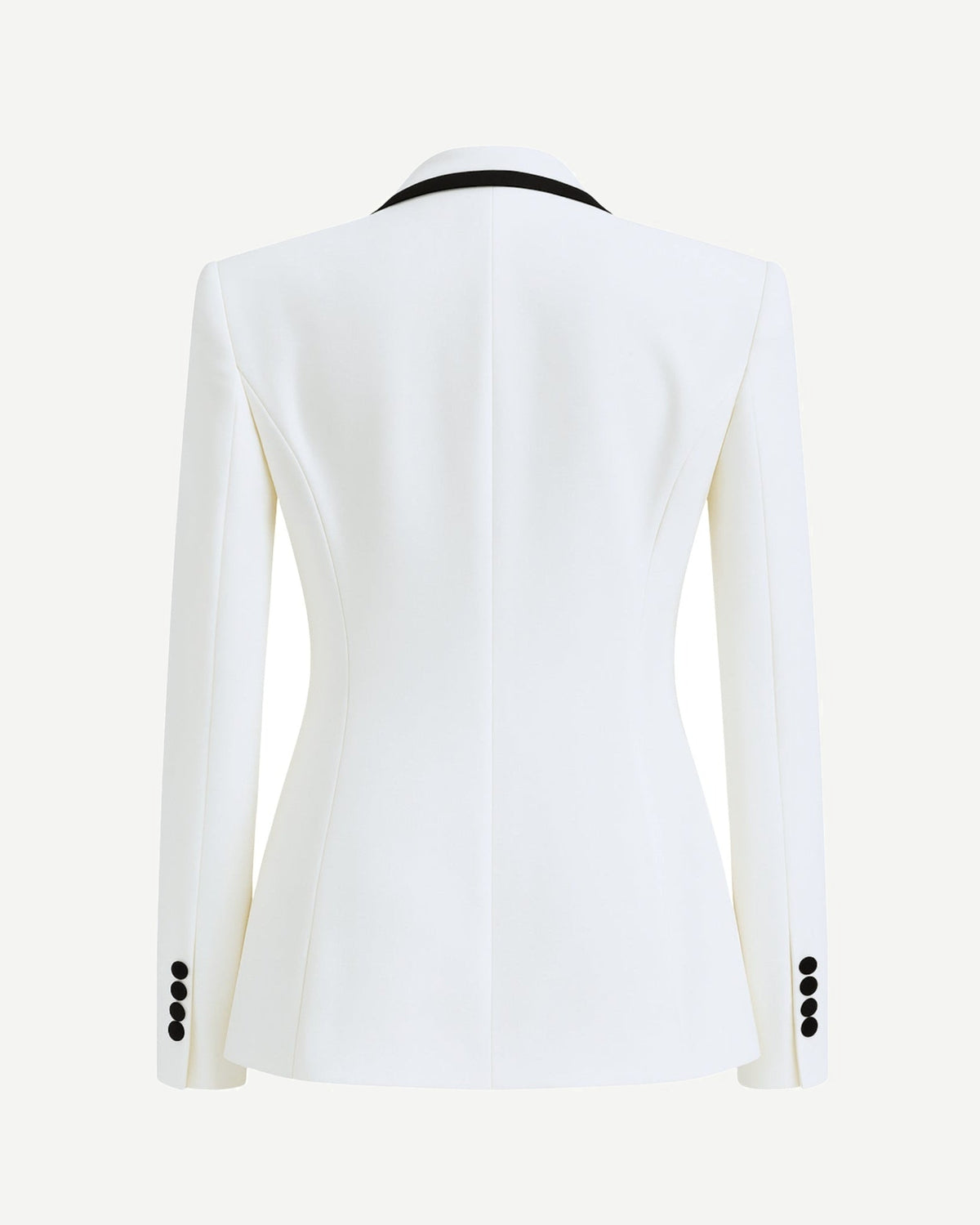 White Tuxedo Blazer with Contrast Piping shown from the back, featuring a structured tailored fit, long sleeves with black buttons, and a black contrast collar for elegant formalwear.