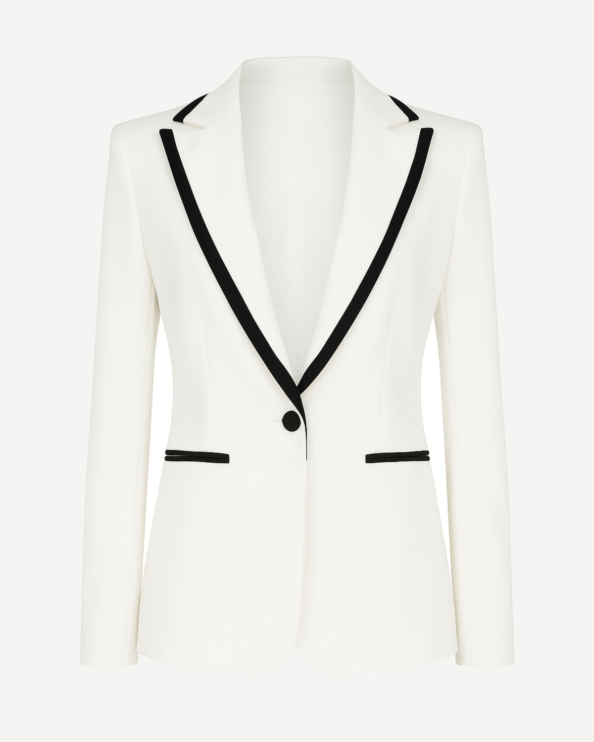 Tailory white tuxedo blazer with black piping front view