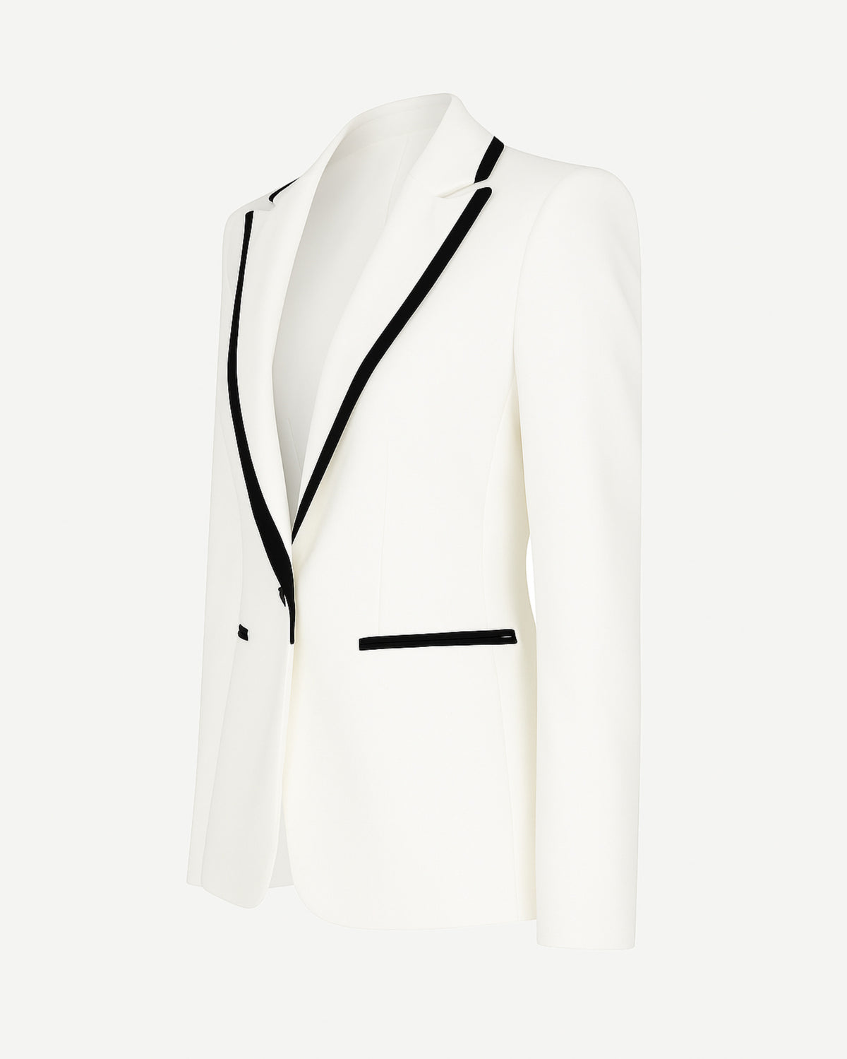 Tailory white tuxedo blazer with black piping side view