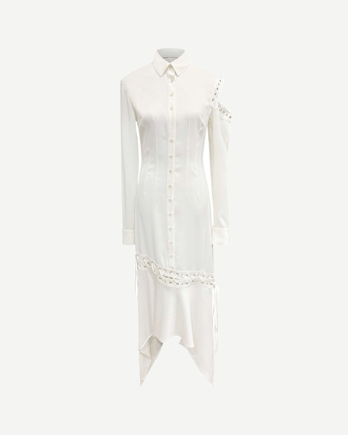 white_cutout_shirtdress_front — Tailory white cut-out shirtdress front view