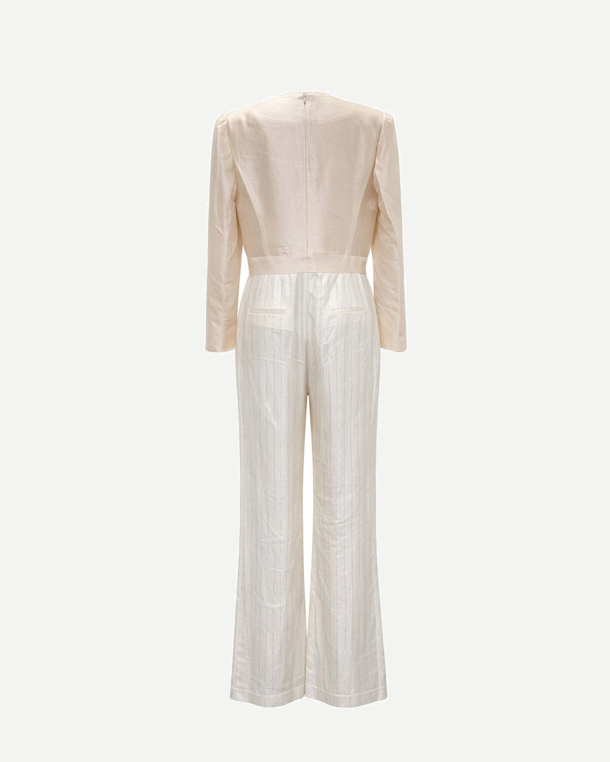 Tailory white metallic pinstripe tailored jumpsuit back view