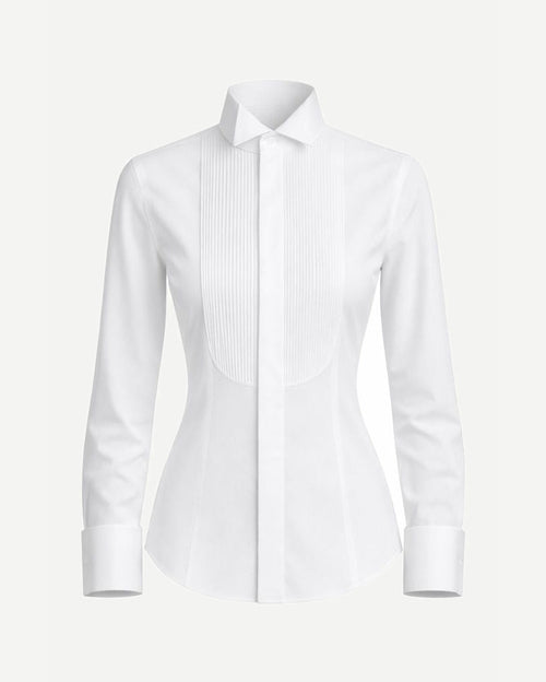 Tailory white micro-pleat tuxedo shirt with wingtip collar front view