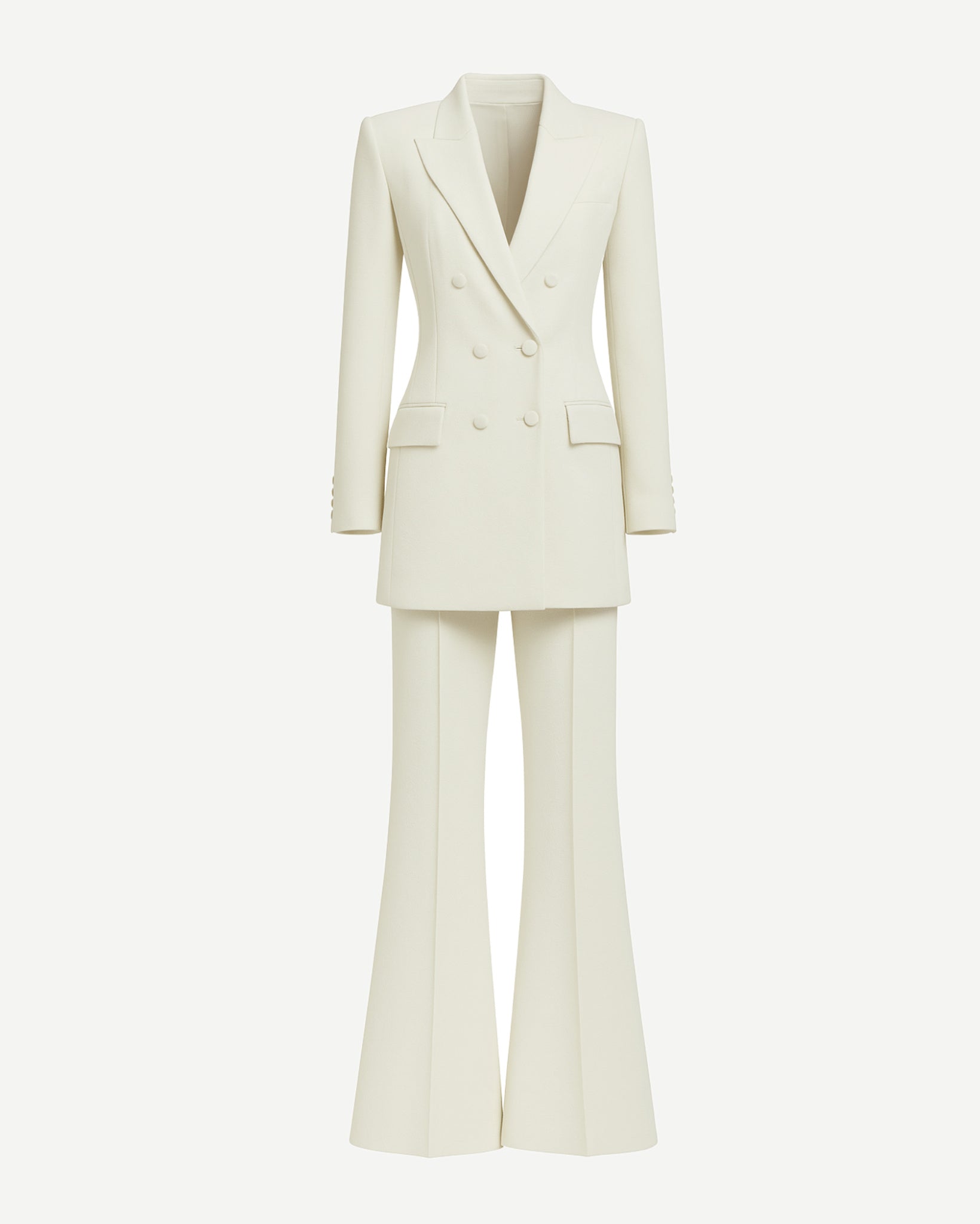 Tailory ivory Loro Piana peak lapel double-breasted suit set front view