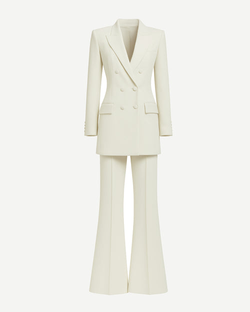 Tailory ivory Loro Piana peak lapel double-breasted suit set front view