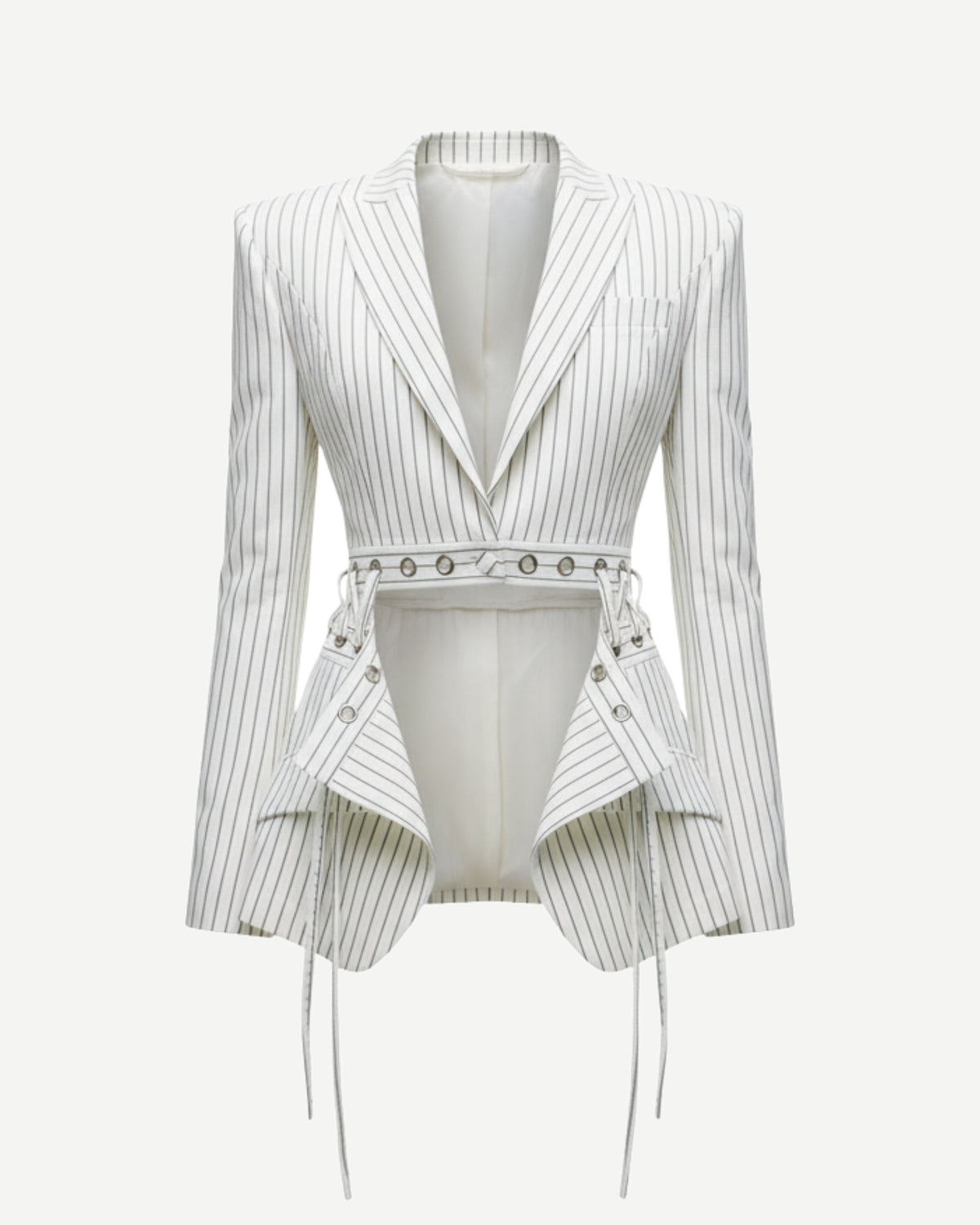 Tailory white pinstripe deconstructed blazer front view