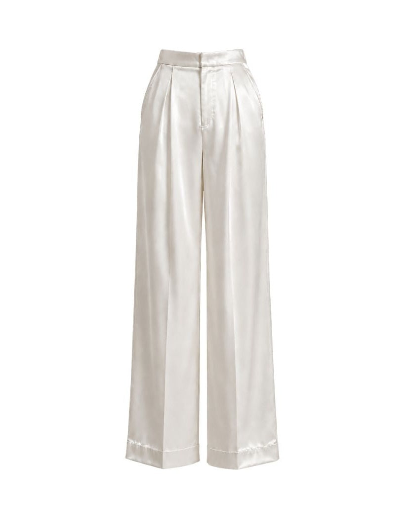 White Silk Double-Pleated Trousers