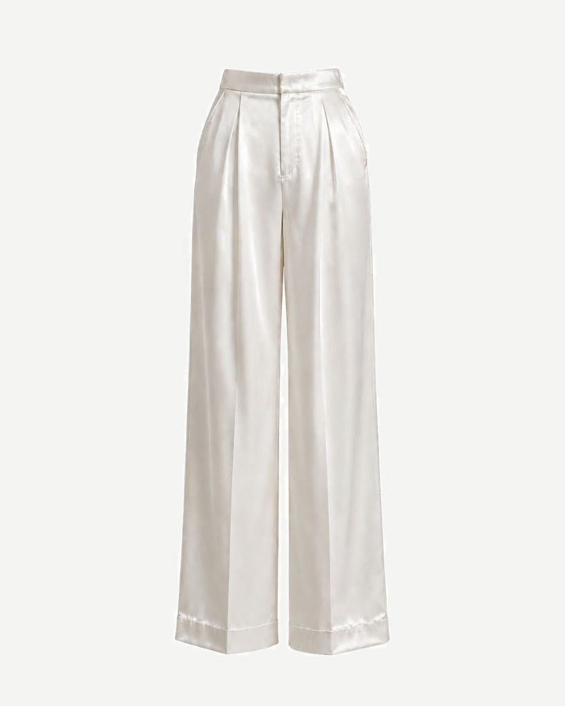 White Silk Double-Pleated Trousers