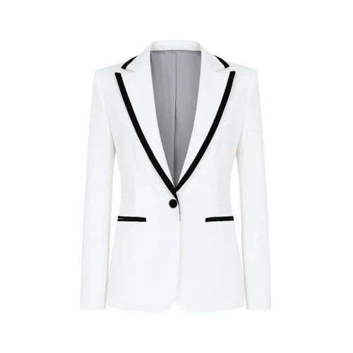 White Tuxedo Blazer with Contrast Piping featuring a slim tailored fit, black contrast piping along the notch lapels and pockets, single-button closure, and smooth grey interior lining for elegant formalwear.