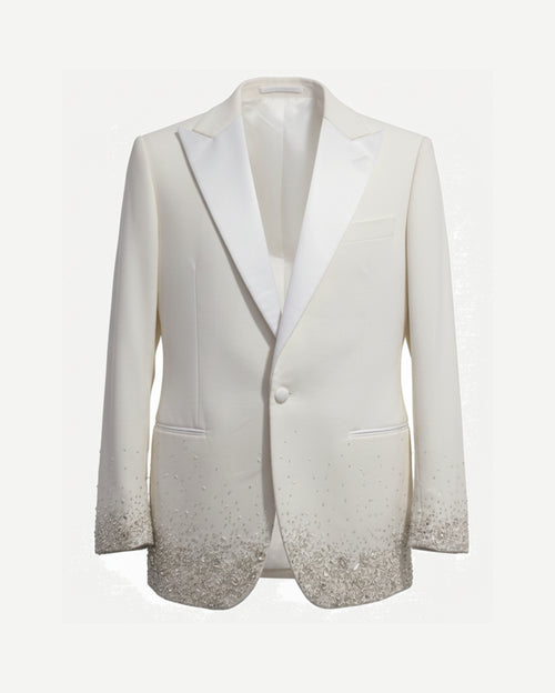 Tailory white velvet embellished evening jacket front view