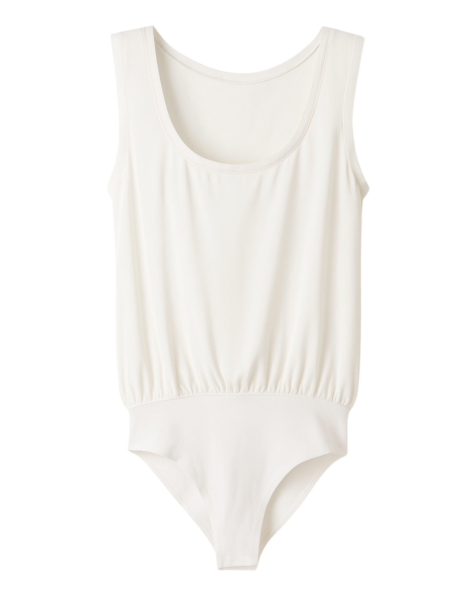 Front view of white silk crepe bodysuit with scoop neckline and elasticized waist