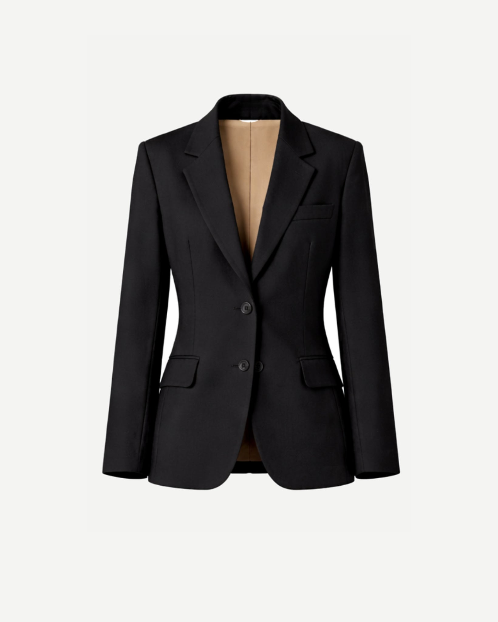 Women's Wearhouse | Back Fitted Suit Jacket in a sleek black fabric, featuring a tailored silhouette with notch lapels, two-button closure, and flap pockets for sophisticated women's suiting.