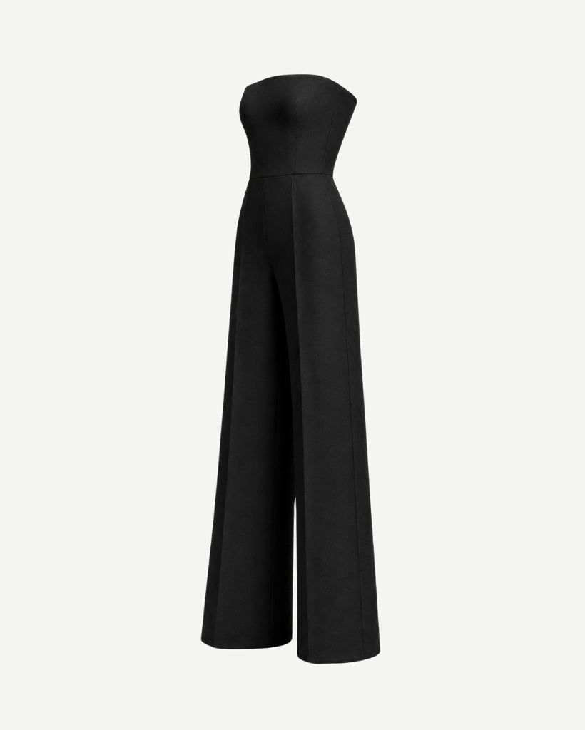 Women's black Loro Piana wool city hall wedding jumpsuit side view