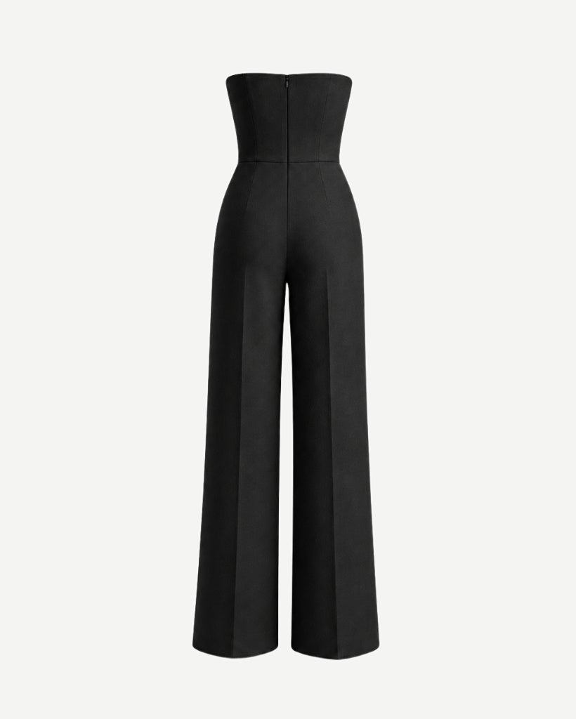 Women's black Loro Piana wool city hall wedding jumpsuit back view