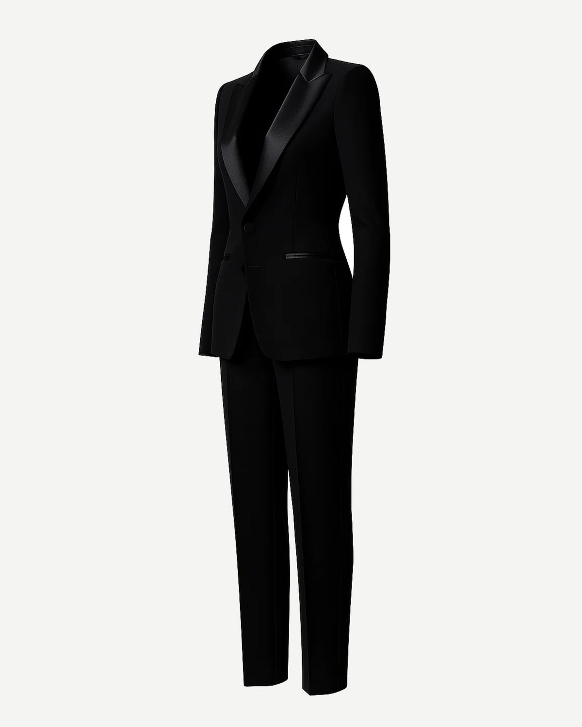 Black Fitted Wedding Tuxedo featuring a sleek tailored blazer with satin peak lapels, single-button closure, and slim straight-leg trousers in luxury fabric for a refined formal look.