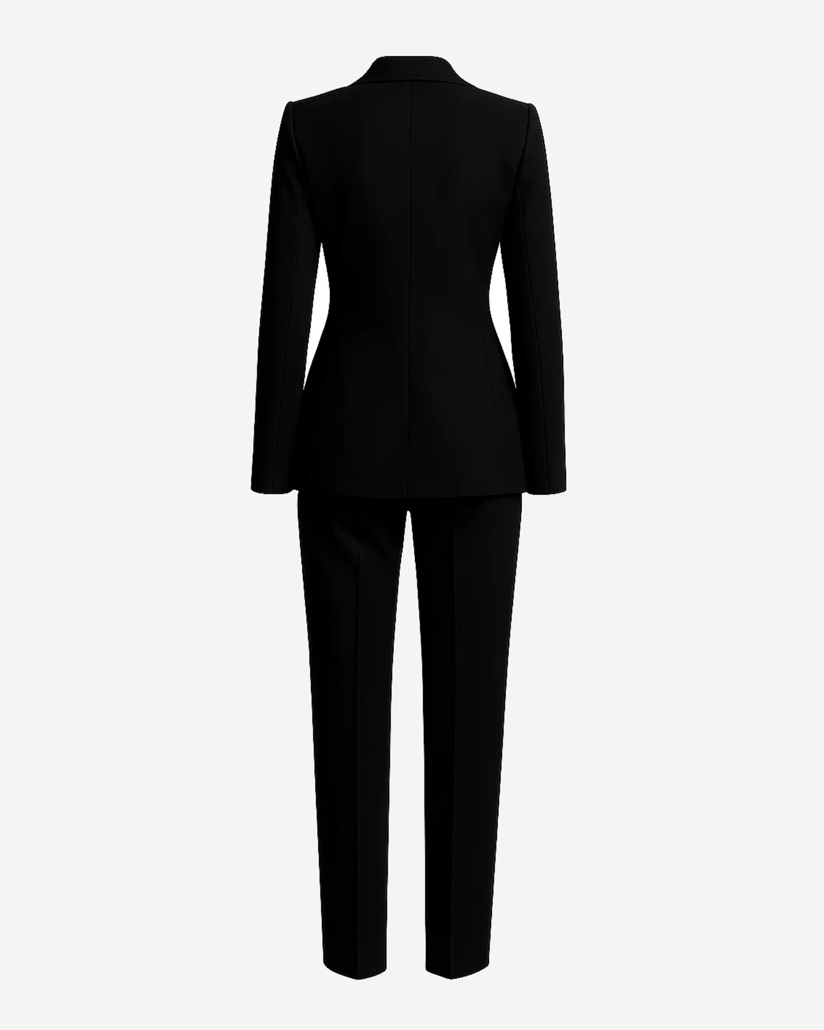 Black Fitted Wedding Tuxedo shown from the back, featuring a tailored blazer with structured seams and slim-fitting trousers crafted in luxury fabric for a sleek formal silhouette.
