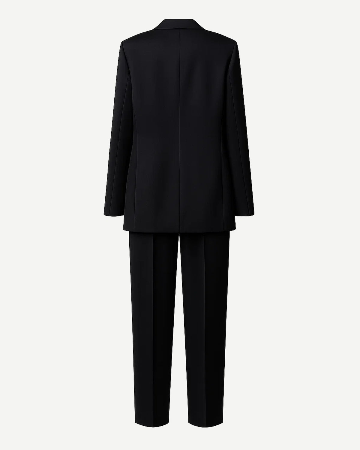 SAMPLE SALE | Women's Black Oversized Wedding Suit shown from the back, featuring a relaxed blazer with clean tailoring and straight-leg trousers for modern androgynous suiting.
