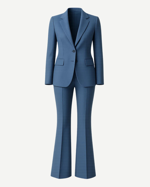 Women's Blue Two Piece Suit Set featuring a tailored blazer with notch lapels, single-button closure, and front flap pockets paired with high-waisted, flared trousers for a modern, elegant silhouette.
