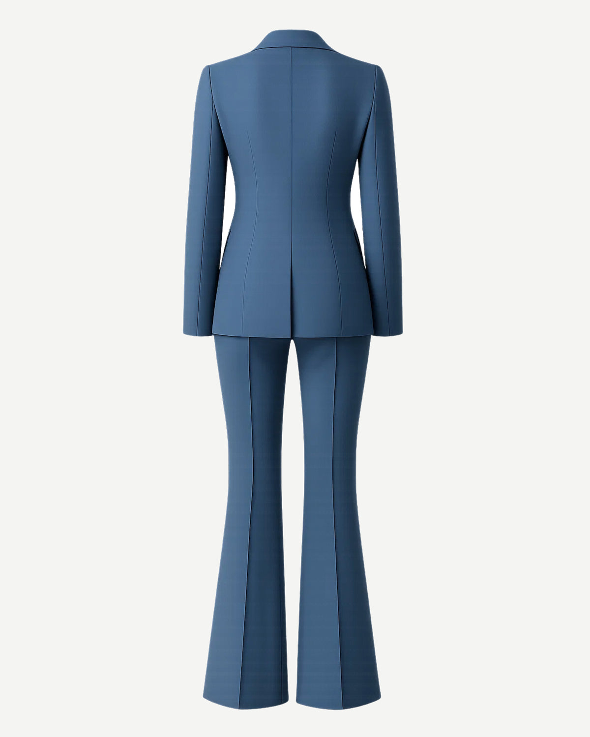 Women's Blue Two Piece Suit Set shown from the back, featuring a tailored jacket with clean lines and long sleeves, paired with high-rise flared trousers for a contemporary silhouette.