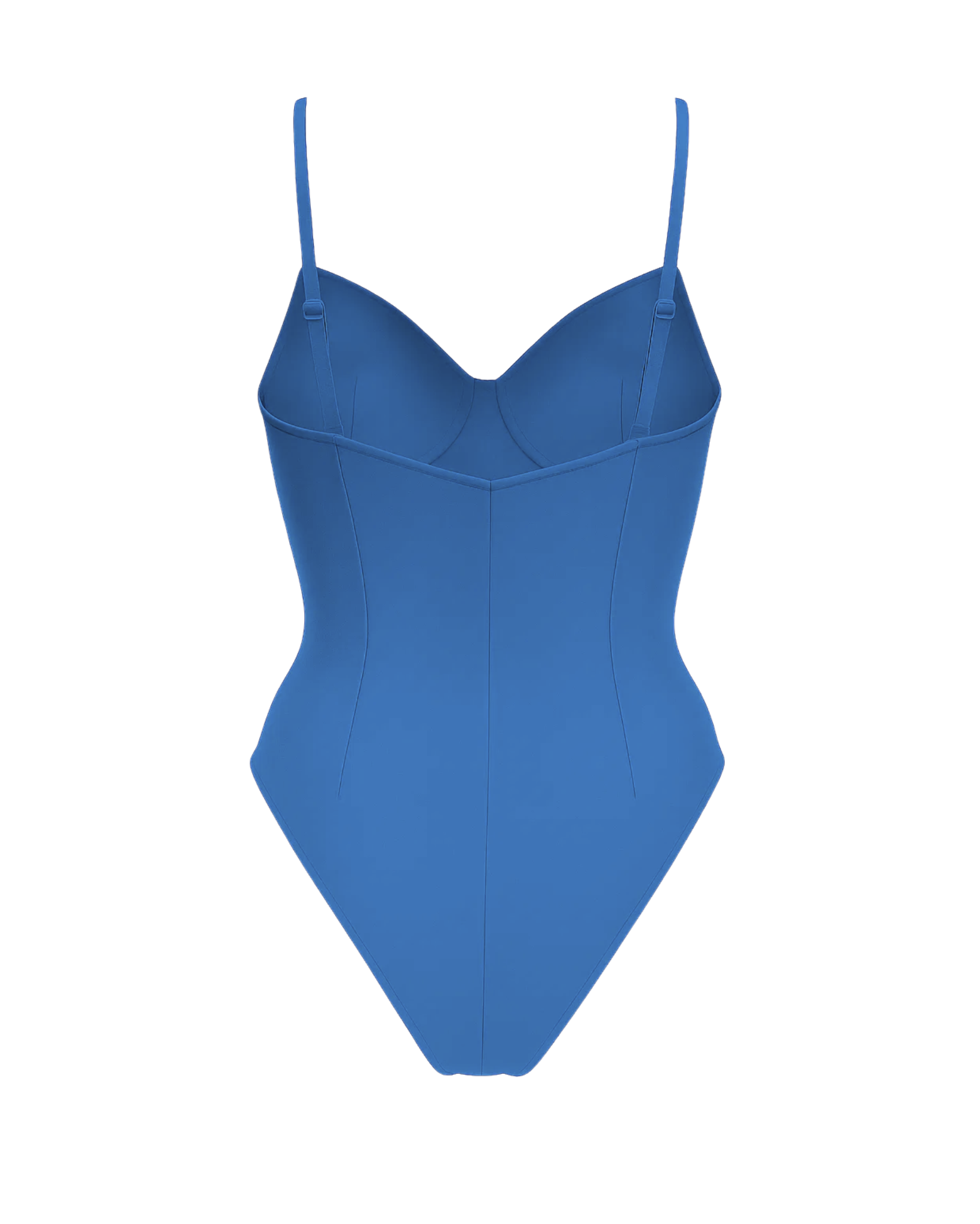 Women's Blue Loro Piana Corset Bodysuit Superfine Merino Wool featuring a streamlined silhouette, molded cups, adjustable slender straps, and elegant contour stitching in a rich blue wool fabric.