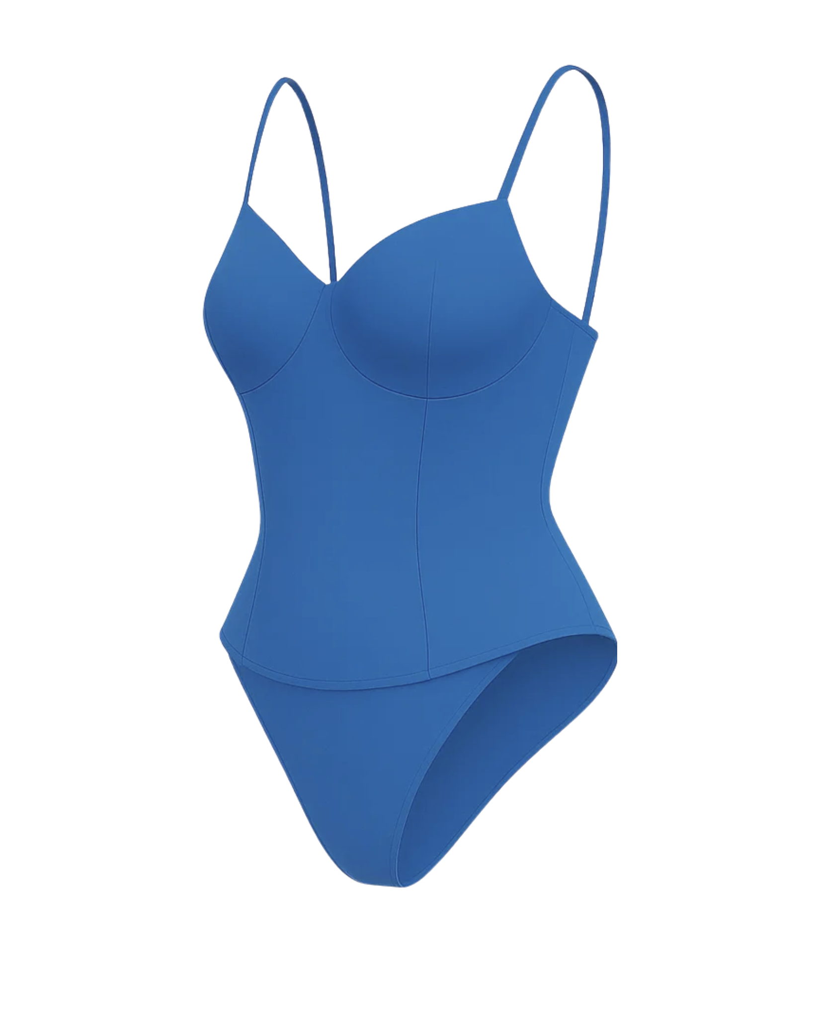 Women's Blue Loro Piana Corset Bodysuit Superfine Merino Wool showcasing a structured bust, slender adjustable straps, and a seamless contoured fit in vibrant blue fine wool.