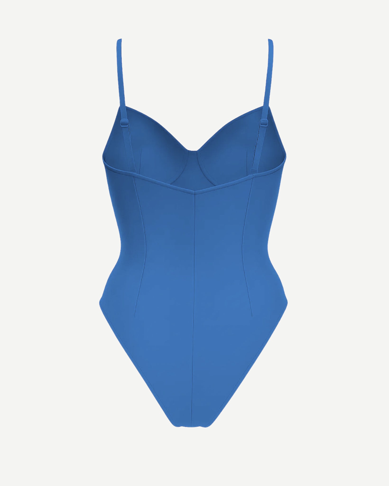 Women's Blue Loro Piana Corset Bodysuit Superfine Merino Wool featuring a streamlined silhouette, molded cups, adjustable slender straps, and elegant contour stitching in a rich blue wool fabric.