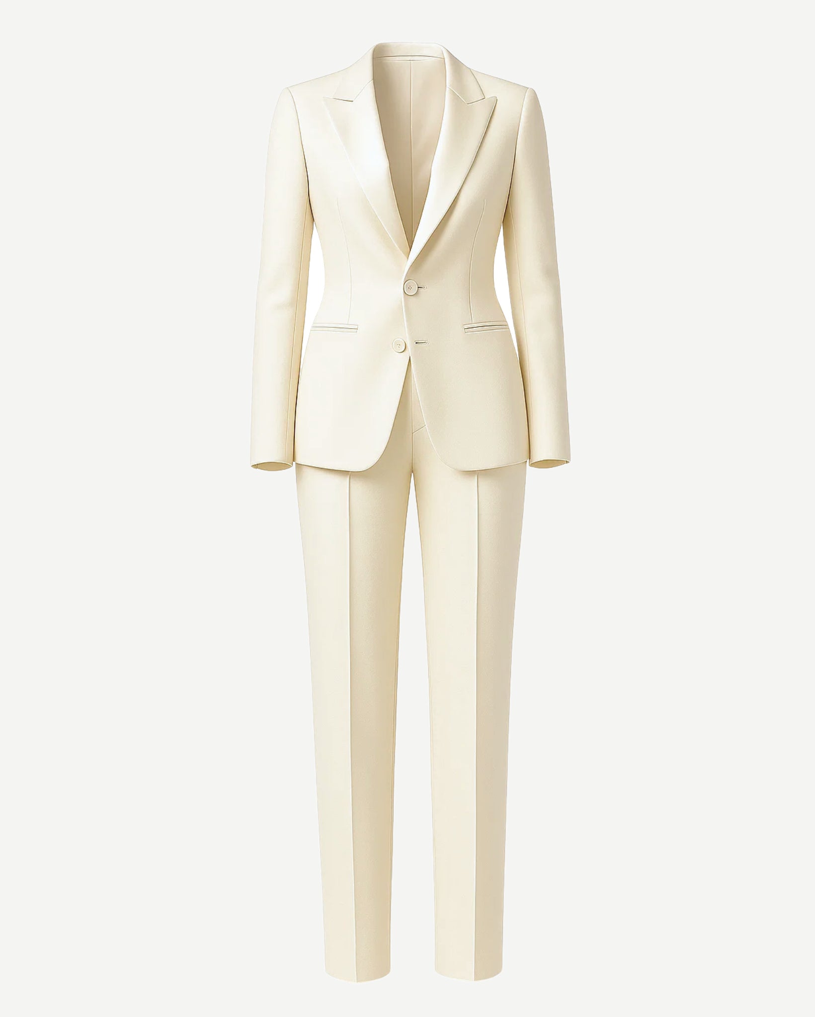 SAMPLE SALE | Cream Fitted Wedding Satin Suit in a sleek cream satin finish, featuring a tailored fitted blazer with notch lapels, two-button closure, and slim cut trousers for chic bridal suiting.