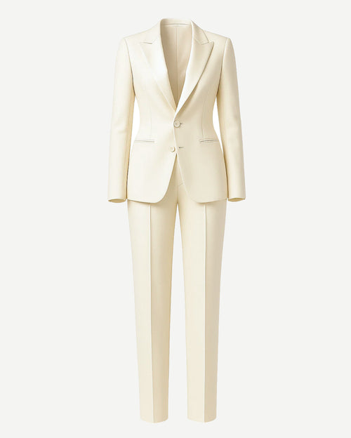 SAMPLE SALE | Cream Fitted Wedding Satin Suit in a sleek cream satin finish, featuring a tailored fitted blazer with notch lapels, two-button closure, and slim cut trousers for chic bridal suiting.