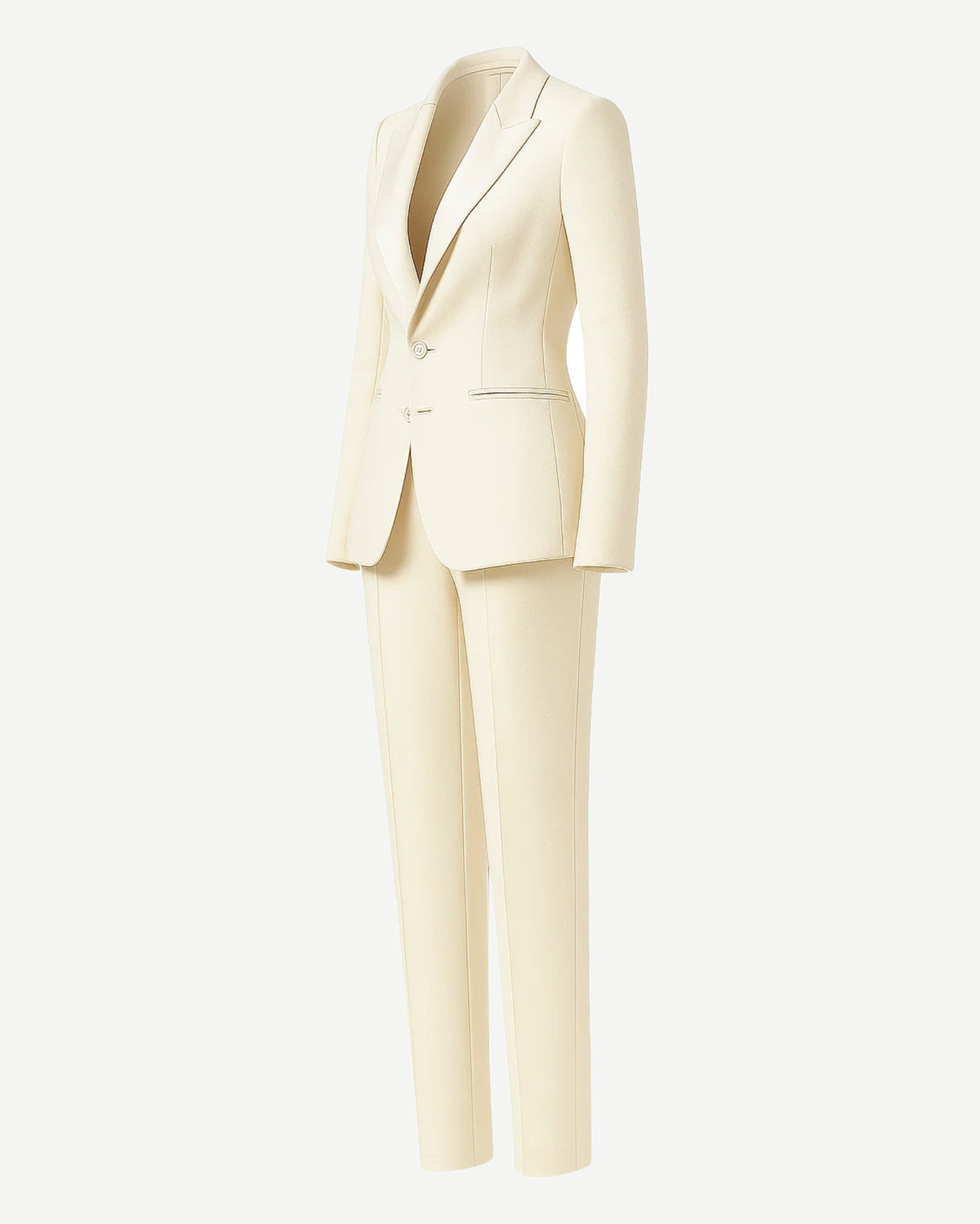 SAMPLE SALE | Cream Fitted Wedding Satin Suit in a sleek cream silk satin fabric, featuring a tailored fitted blazer with notch lapels, two-button closure, and slim straight-leg trousers for a refined bridal look.