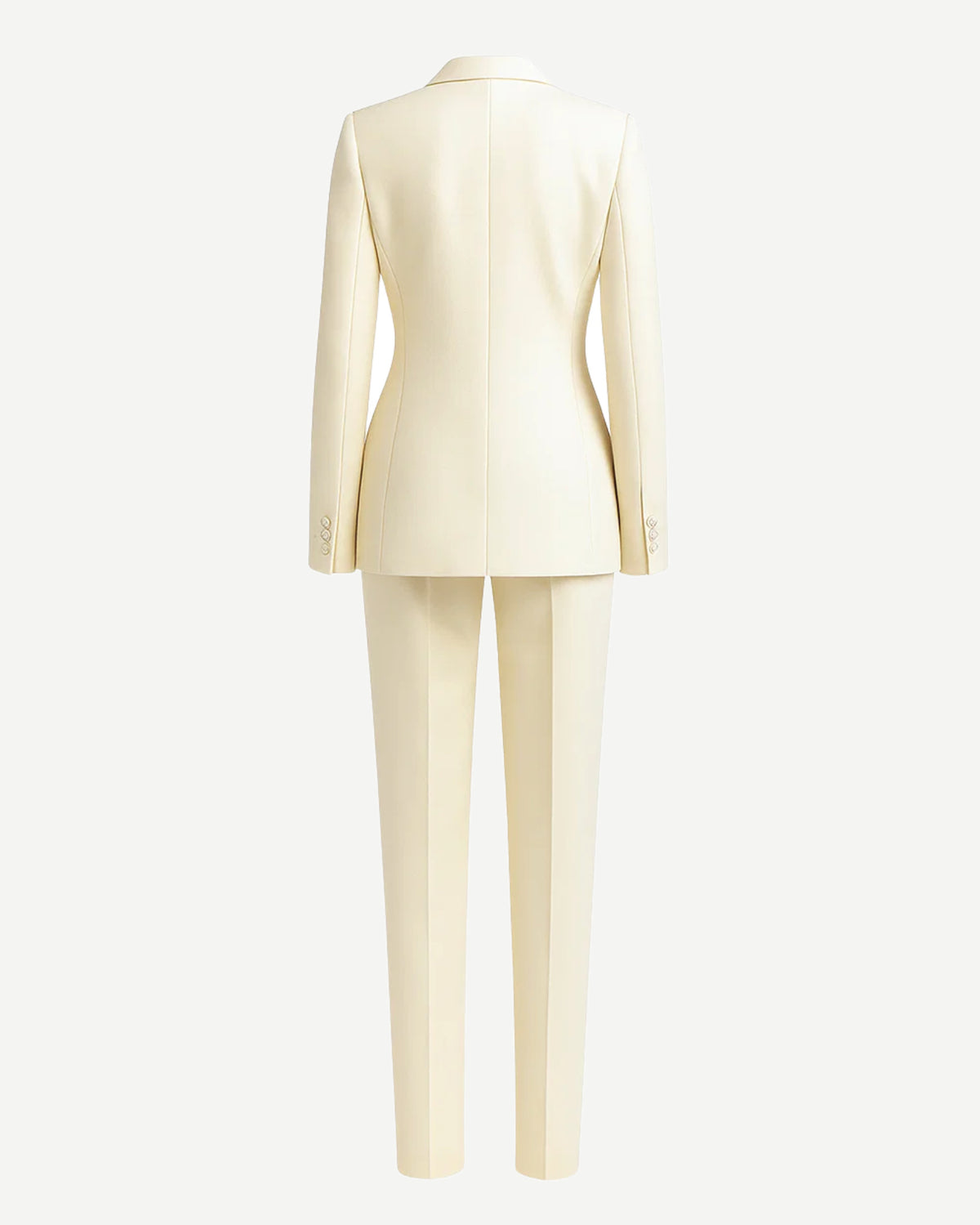 SAMPLE SALE | Cream Fitted Wedding Satin Suit displayed from the back, featuring a sleek tailored blazer with structured seams and slim satin trousers for a polished bridal look.