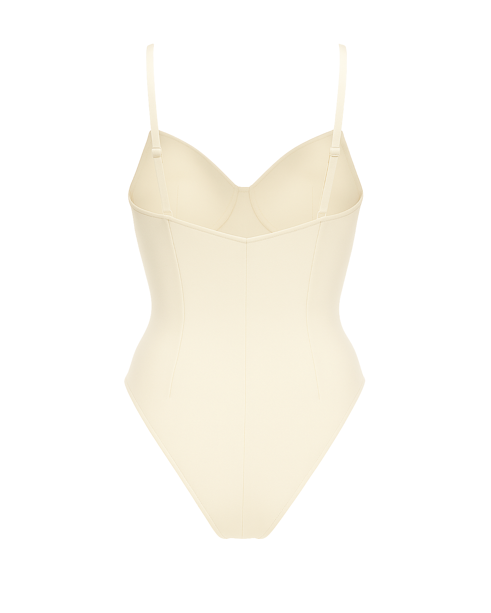 Women's Cream Loro Piana Corset Bodysuit Superfine Merino Wool featuring a sculpted bust with molded cups, adjustable thin straps, and a smooth, contoured fit in soft cream fabric.
