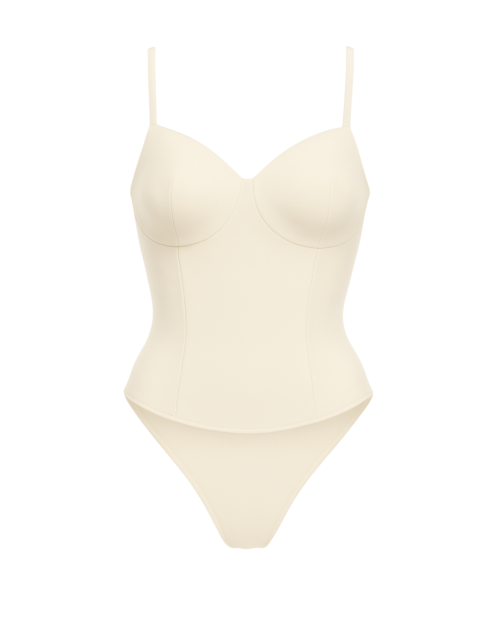 Women's Cream Loro Piana Corset Bodysuit Superfine Merino Wool with molded cups, thin adjustable straps, seamless contouring, and a smooth, tailored fit in a soft cream hue.
