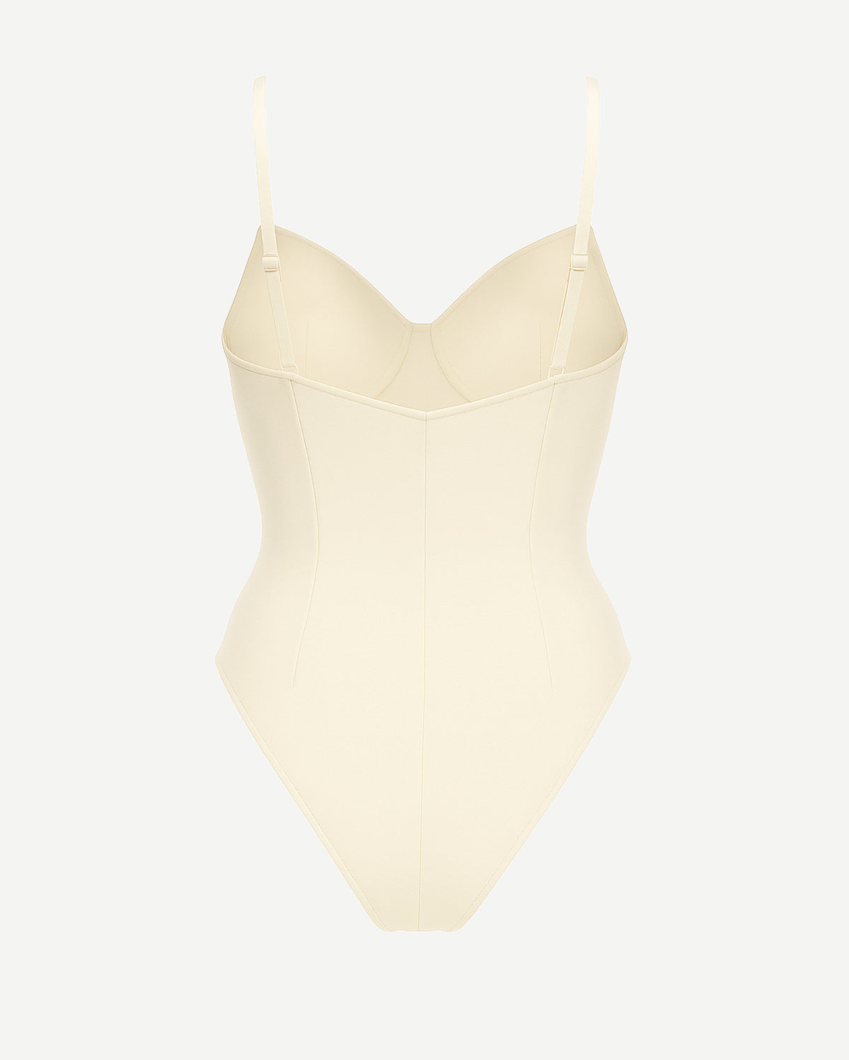 Women's Cream Loro Piana Corset Bodysuit Superfine Merino Wool featuring a sculpted bust with molded cups, adjustable thin straps, and a smooth, contoured fit in soft cream fabric.
