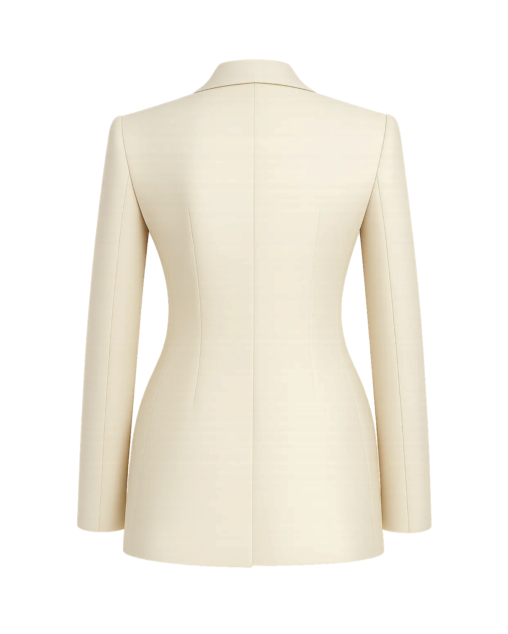 Women's Cream Loro Piana Double Breasted Tailored Blazer shown from the back, featuring a streamlined silhouette with princess seams and a center back vent for elegant women's suiting.