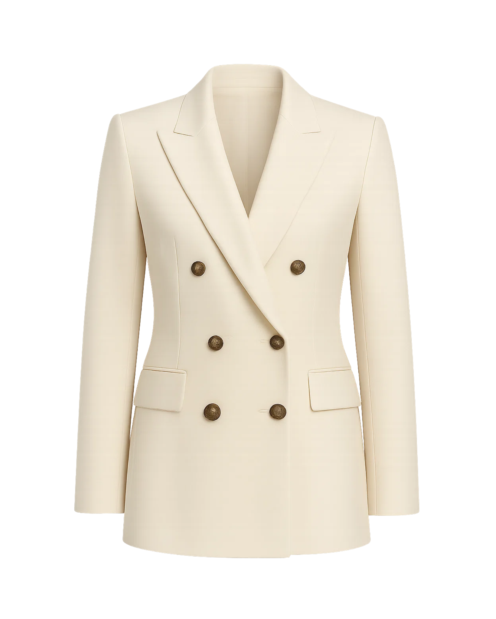 Women's Cream Loro Piana Double Breasted Tailored Blazer featuring a structured silhouette with peak lapels, six brown buttons, and flap pockets in a refined cream fabric.