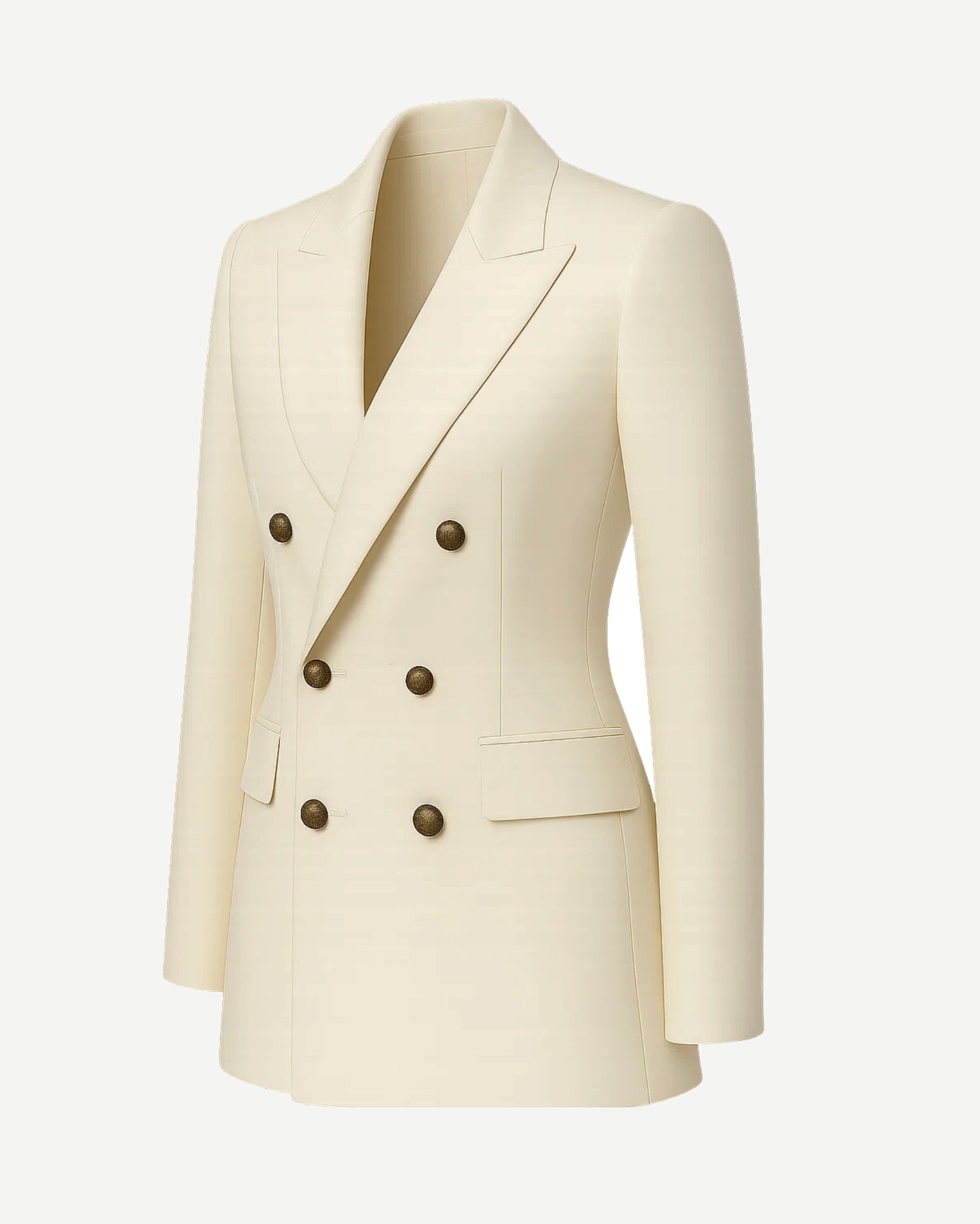 Women's Cream Loro Piana Double Breasted Tailored Blazer with structured shoulders, notch lapels, and six dark buttons, crafted in luxurious cream fabric for sophisticated women's suiting.