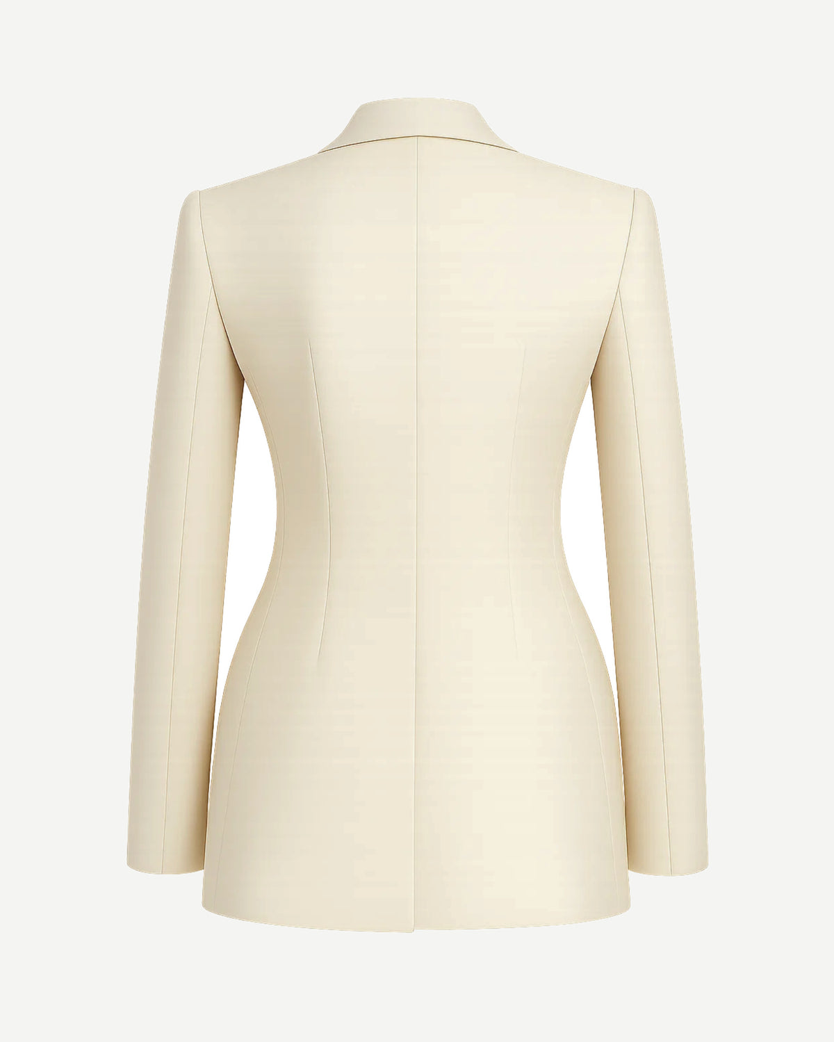 Women's Cream Loro Piana Double Breasted Tailored Blazer shown from the back, featuring a streamlined silhouette with princess seams and a center back vent for elegant women's suiting.