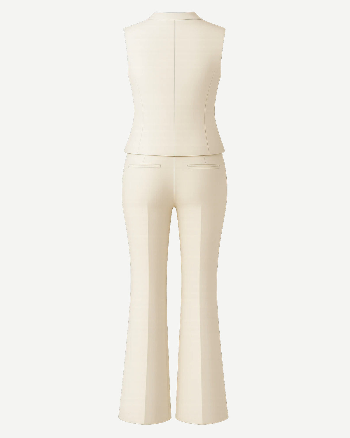 Women's Cream Vest Flare Pants Two Piece Suit Set shown from the back, featuring a fitted sleeveless vest and high-waisted flare trousers crafted in a smooth, elegant cream fabric for a sleek silhouette.